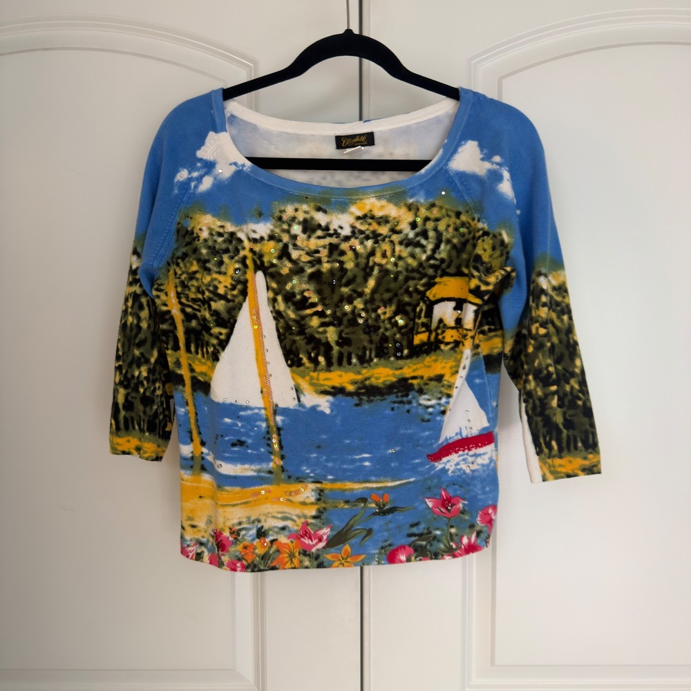 Elizabeth New York Petite Large Sailboat Scenic Sequin Knit Top 3/4 Sleeve Blue